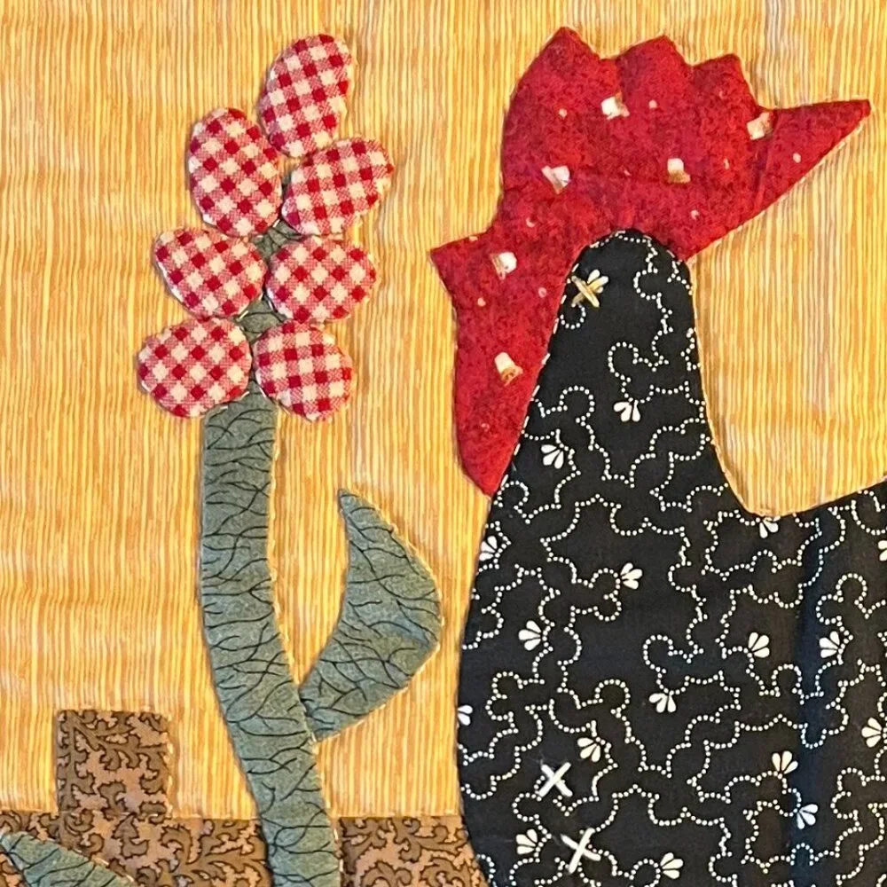 Hand Stitched ROOSTER Folk Art Patchwork Quilt Square Wall Hanging  Handcrafted - Picture 3 of 12